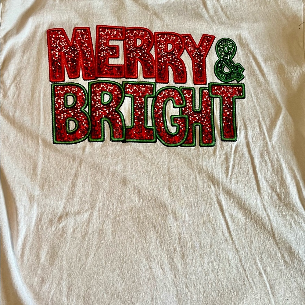 Gildan White Tee with Red and Green 'Merry & Bright' Design